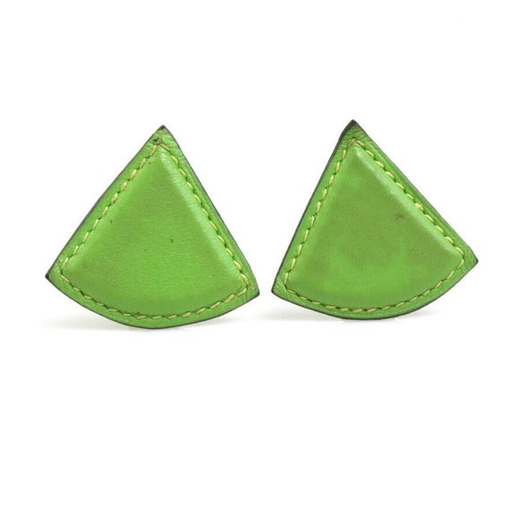 Auth HERMES Triangle Clip on Earrings Green/Gold Leather/Metal - Picture 4 of 11